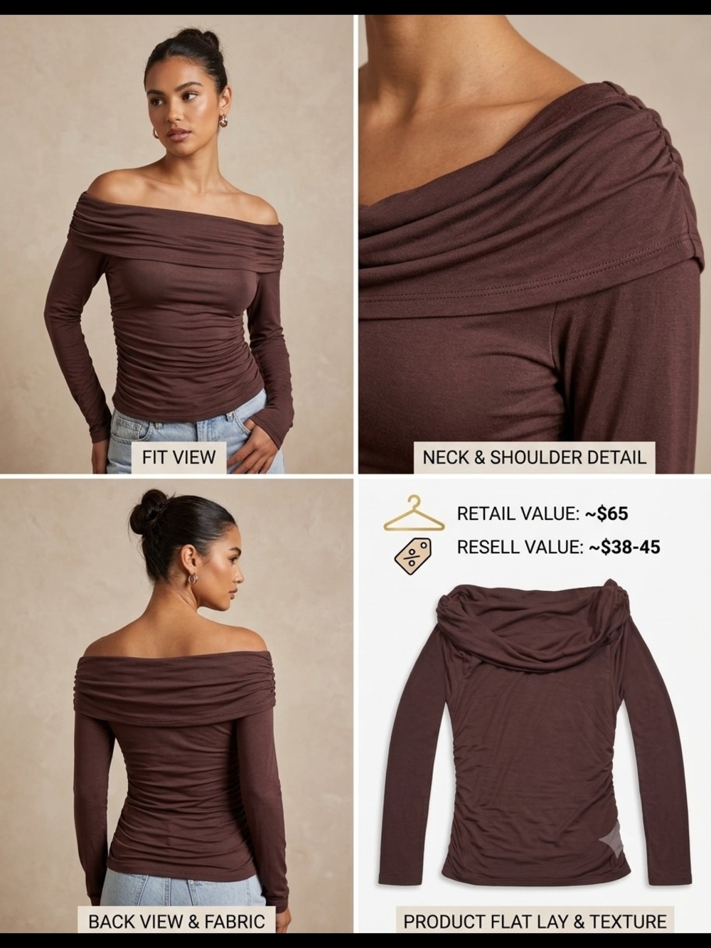 Off-the-Shoulder Ruched Long Sleeve Sweater - Brown (V)